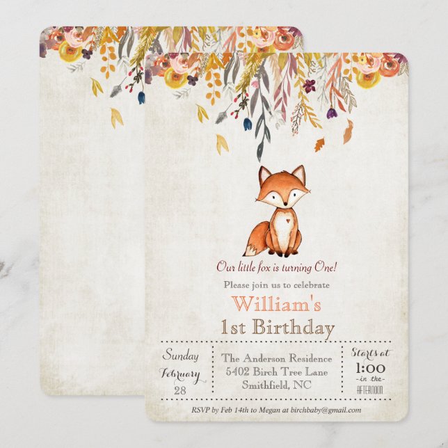 Invitation pour le 1er anniversaire de Little Fox  (Devant / Derrière)