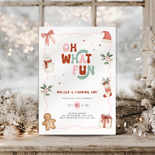 Invitation pour le 1er anniversaire de Noël Oh Que (Pink oh what fun christmas first birthday invitation for girls)
