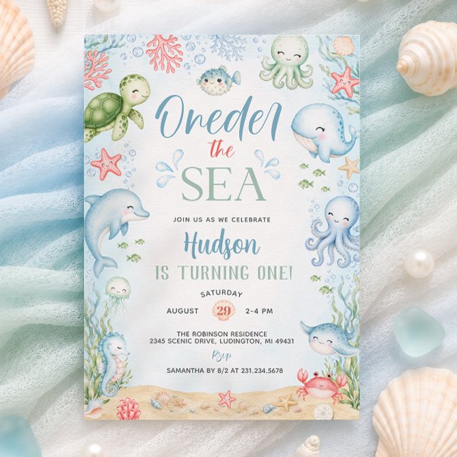 Invitation pour le 1er anniversaire de Oneder the  (Oneder the Sea Boy 1st Birthday Invitation)