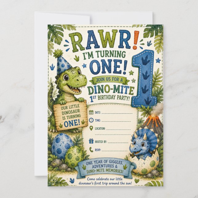 Invitation pour le 1er anniversaire Dino-Mite (Devant)