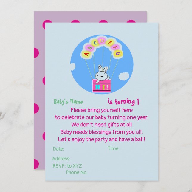 Invitation pour le 1er anniversaire du bébé person (Devant / Derrière)