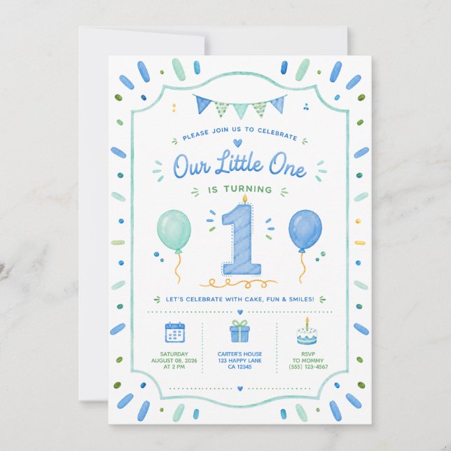 Invitation pour le 1er anniversaire d'un garçon bl (Devant)