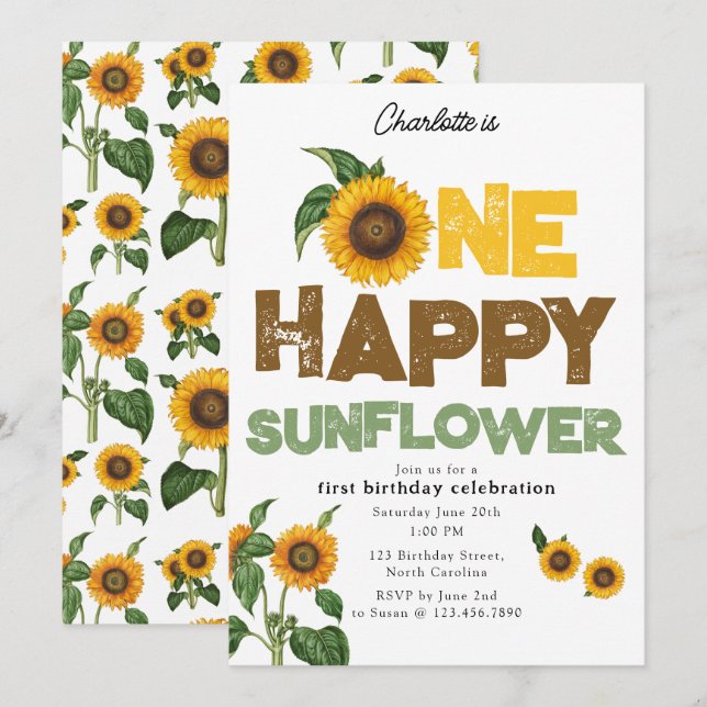 Invitation pour le 1er anniversaire d'un tournesol (Devant / Derrière)