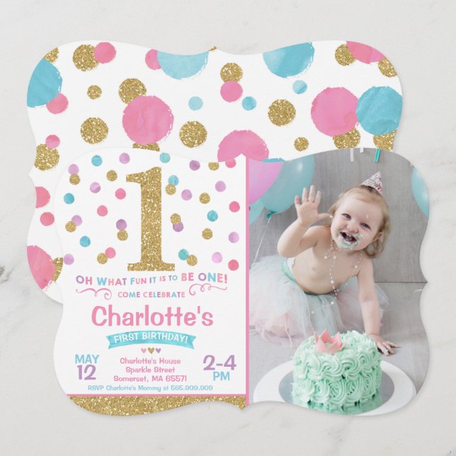 Invitation pour le 1er anniversaire d'une fille Ro (Devant / Derrière)