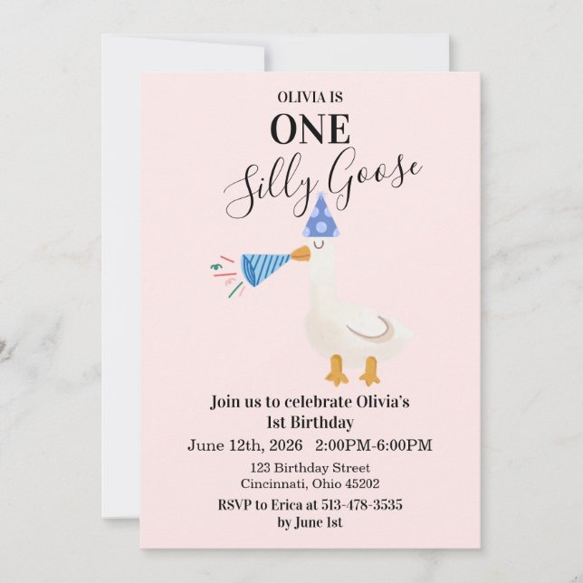 Invitation pour le 1er anniversaire d'une oie idio (Devant)