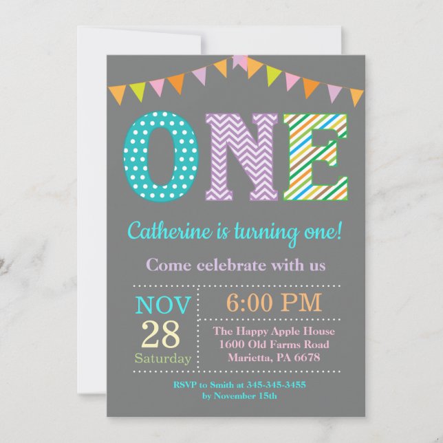 Invitation pour le 1er anniversaire. Fille Premier (Devant)