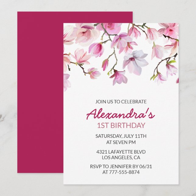 Invitation pour le 1er anniversaire Floral Aquarel (Devant / Derrière)