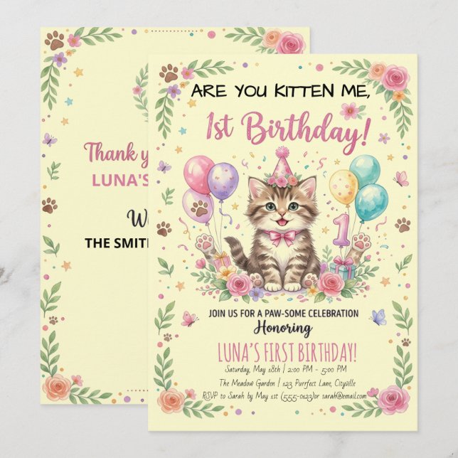 Invitation pour le 1er anniversaire, Kitty Fleur C (Devant / Derrière)