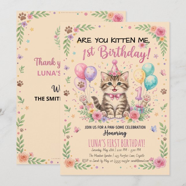 Invitation pour le 1er anniversaire, Kitty Fleur R (Devant / Derrière)