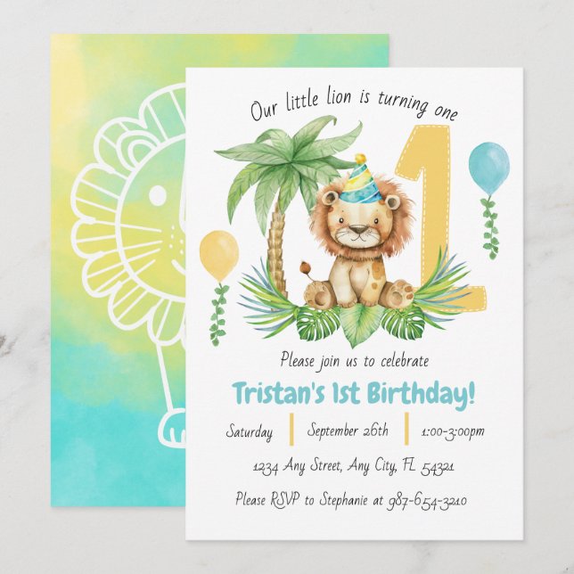 Invitation pour le 1er anniversaire Lion Safari (Devant / Derrière)