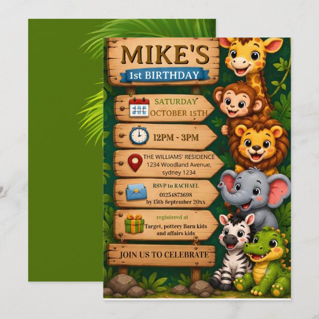 Invitation pour le 1er anniversaire Safari Animaux (Devant / Derrière)