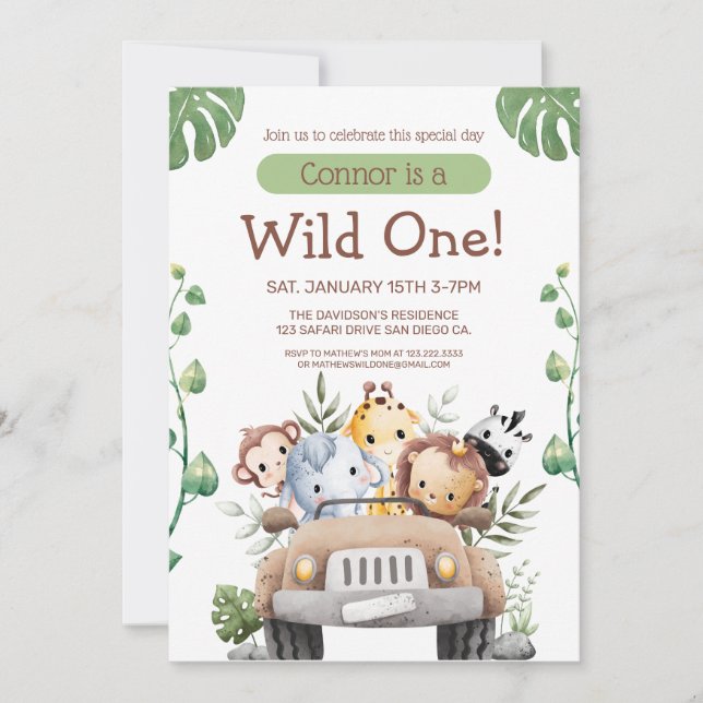 Invitation pour le 1er anniversaire Safari Wild On (Devant)