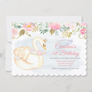 Invitation pour le 1er anniversaire Swan Floral Fi