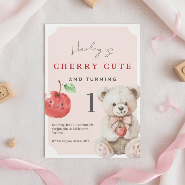 Invitation pour le 1er Anniversaire Thème Ourson M (Cherry cute teddy 1st birthday invitation with fruit theme and pink watercolor accents)