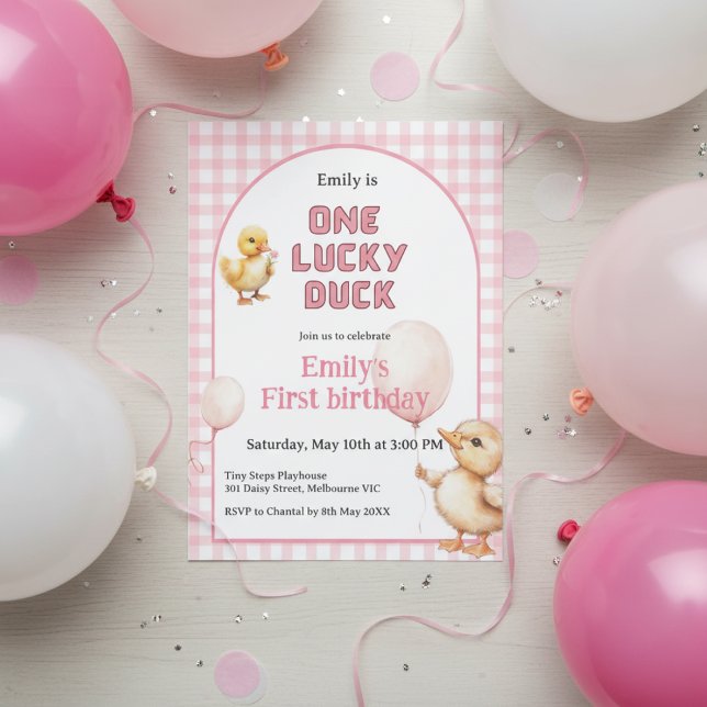 Invitation pour le 1er Anniversaire Thème Un Canar (One Lucky Duck 1st birthday invitation with watercolor ducklings and pink gingham design)