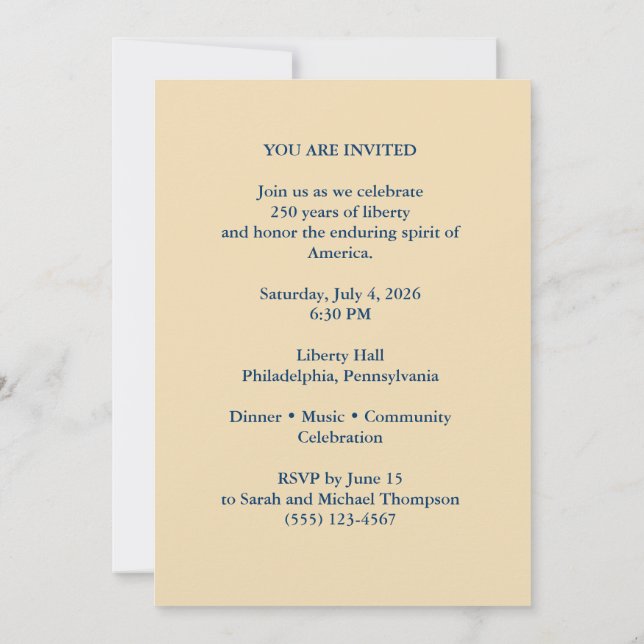 Invitation pour le 250e anniversaire de la liberté (Dos)