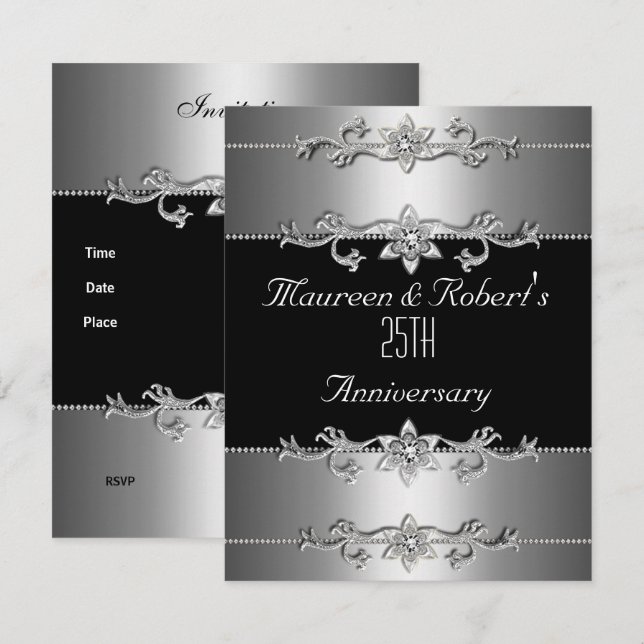 Invitation pour le 25e anniversaire Élégant Noir A (Devant / Derrière)