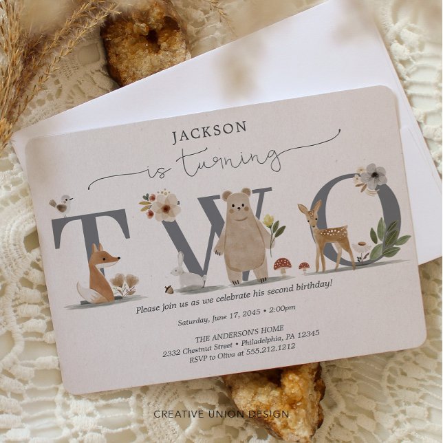 Invitation pour le 2e anniversaire Boho Woodland (Créateur téléchargé)