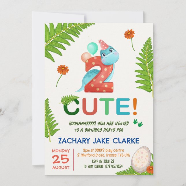 Invitation pour le 2ème anniversaire de deux dinos (Devant)