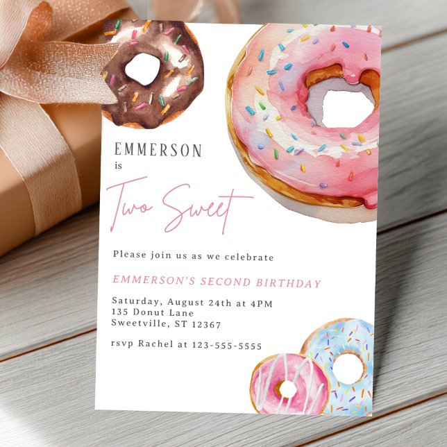 Invitation pour le 2ème anniversaire de Two Sweet  (Two Sweet Watercolor Donut 2nd Birthday Invitation Postcard)