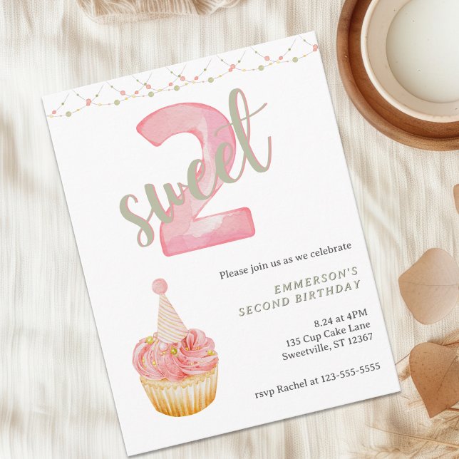 Invitation pour le 2ème anniversaire de Two Sweet  (Two Sweet Cute Cupcake 2nd Birthday Invitation Postcard
)