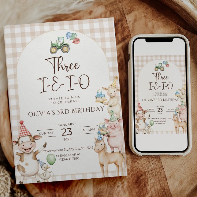 Invitation pour le 3e anniversaire de la ferme Thr (Three i e i o farm 3rd birthday invitation)