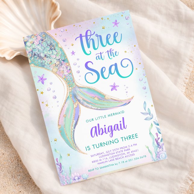 Invitation pour le 3e anniversaire de la Sirène de (Three at the Sea Mermaid 3rd Birthday Invitation
)