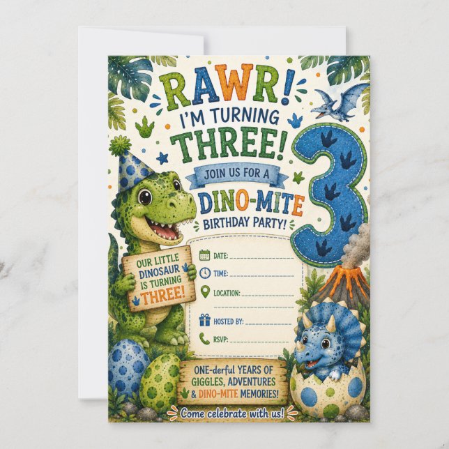 Invitation pour le 3e anniversaire Dino-Mite (Devant)