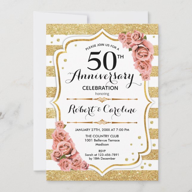 Invitation pour le 50e anniversaire - Roses roses  (Devant)