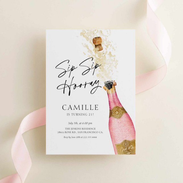 Invitation pour le champagne Sip Sip Hooray 21ème  (Champagne 21st Birthday Party Invitation Pink Gold)