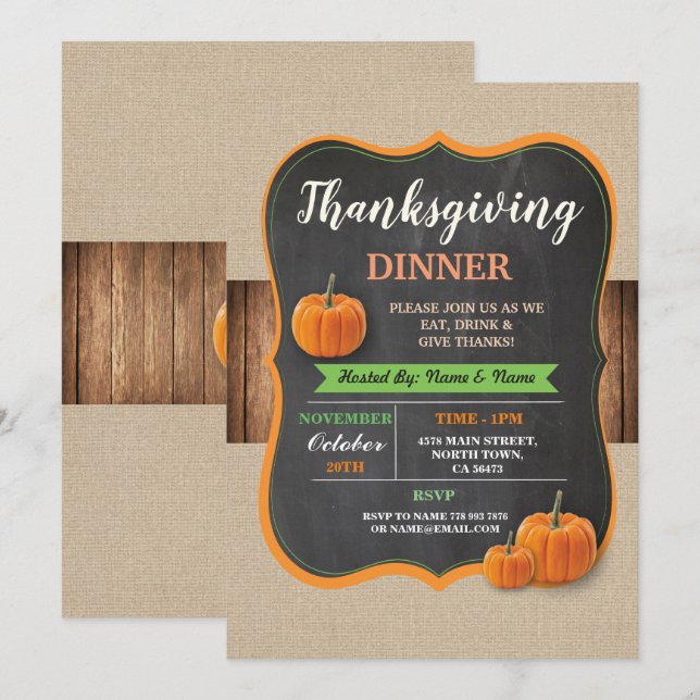 Invitation pour le dîner de Thanksgiving en bois r (Devant / Derrière)