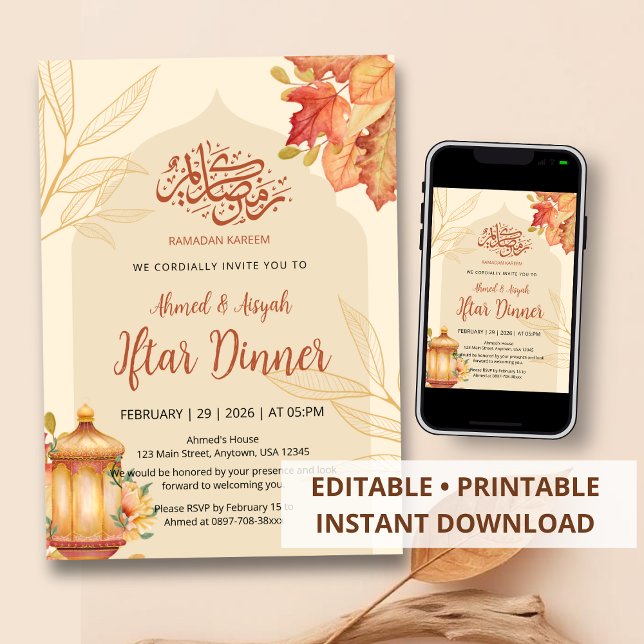 Invitation pour le dîner Iftar aquarelle Feuilles  (Créateur téléchargé)