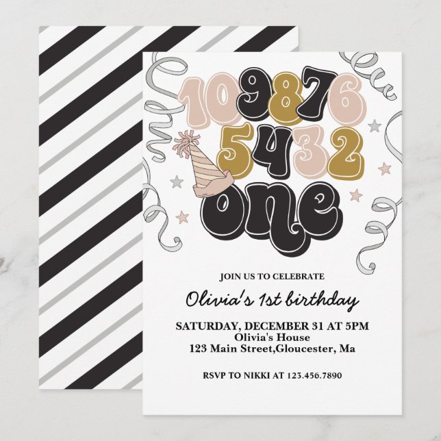 Invitation pour le premier anniversaire avec compt (Devant / Derrière)