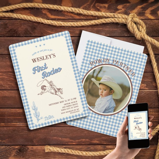 Invitation pour le premier anniversaire avec motif (First Rodeo Blue Plaid First Birthday Invitation
)