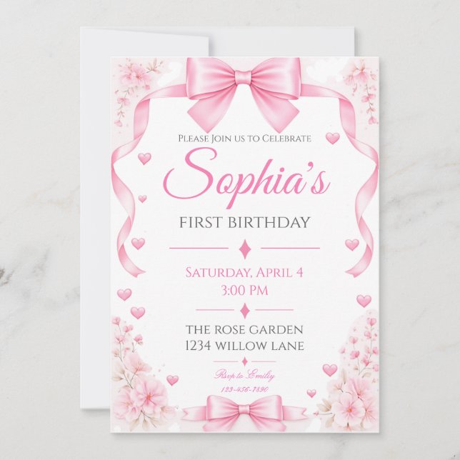 Invitation pour le premier anniversaire avec un nœ (Devant)