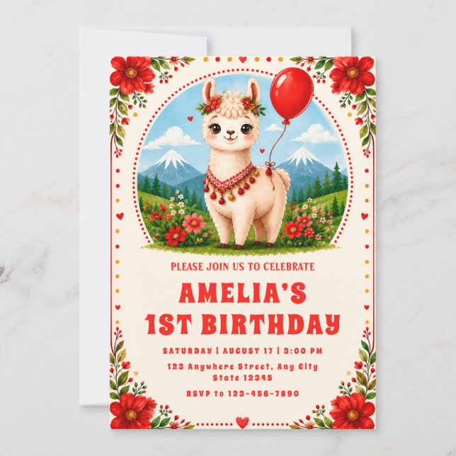 Invitation pour le premier anniversaire d'alpaca à (Devant)
