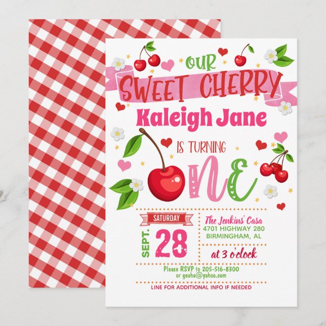 Invitation pour le premier anniversaire de Cherry (Devant / Derrière)
