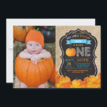 Invitation pour le premier anniversaire de citroui<br><div class="desc">Invitation pour le premier anniversaire de citrouille avec photo personnalisée,  fond orange,  bleu et toile de jute. Pour une personnalisation plus poussée,  veuillez cliquer sur le bouton "Personnaliser" et utiliser notre outil de conception pour modifier ce modèle.</div>