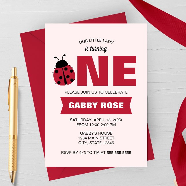 Invitation pour le premier anniversaire de coccine (Our Little Lady Is Turning One | Love Bug First Birthday | Garden Spring Birthday Party Invitation)