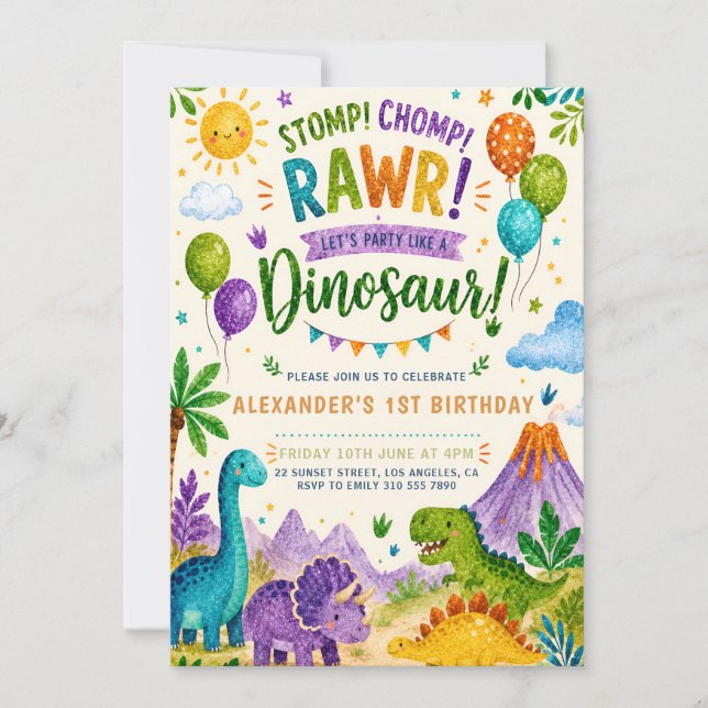 Invitation pour le premier anniversaire de dinosau (Devant)