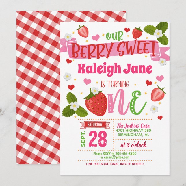 Invitation pour le premier anniversaire de fraise  (Devant / Derrière)