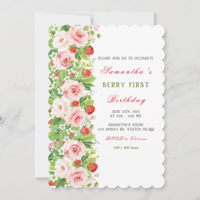 Invitation pour le premier anniversaire de fraise (Devant)