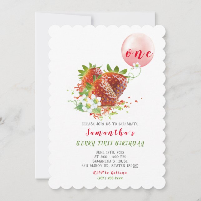 Invitation pour le premier anniversaire de fraise (Devant)