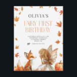 Invitation pour le premier anniversaire de la fée<br><div class="desc">Invitation pour le premier anniversaire de la fée d'automne avec un renard et une pixie avec des ailes et des feuilles d'automne et des citrouilles</div>