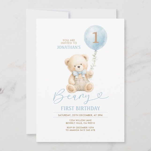 Invitation pour le premier anniversaire de l'ours  (Devant)