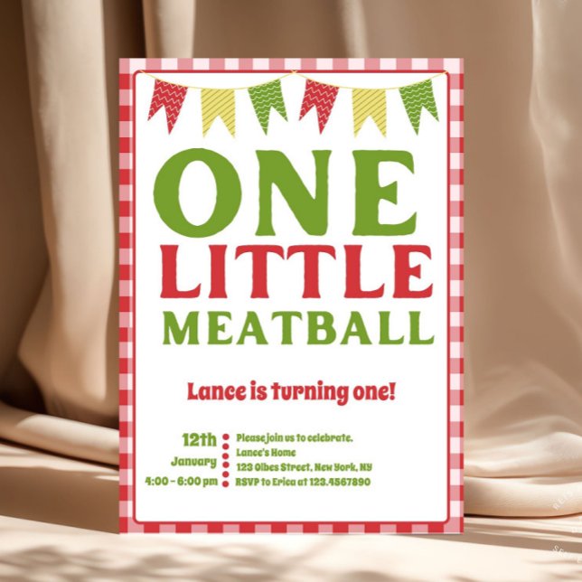 Invitation pour le premier anniversaire de One Lit (One Little Meatball First Birthday Invitation | Italian Theme Birthday Party | Red & Green Pasta Par)