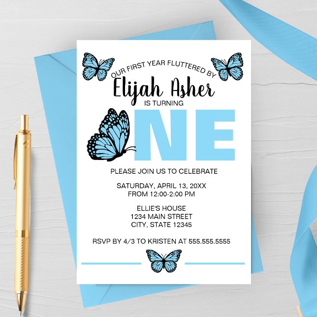 Invitation pour le premier anniversaire de Papillo (Blue Butterfly Spring Birthday Party Invitation | First Birthday Party Invitation)