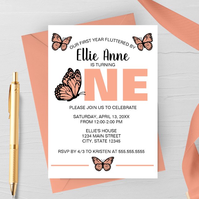 Invitation pour le premier anniversaire de Papillo (Butterfly First Birthday Party Invitation | Girls First Birthday | Spring Birthday)
