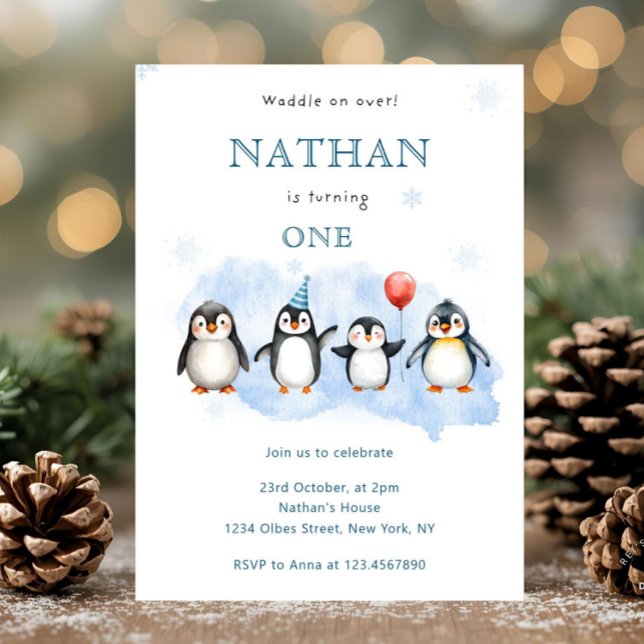 Invitation pour le premier anniversaire de Pingoui (penguin birthday invitation,
penguin first birthday,
winter birthday invite,
arctic animal birthday,)