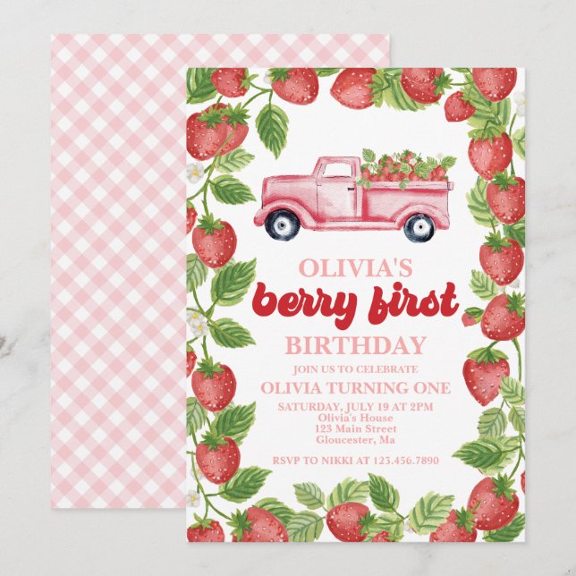 Invitation pour le premier anniversaire de Strawbe (Devant / Derrière)